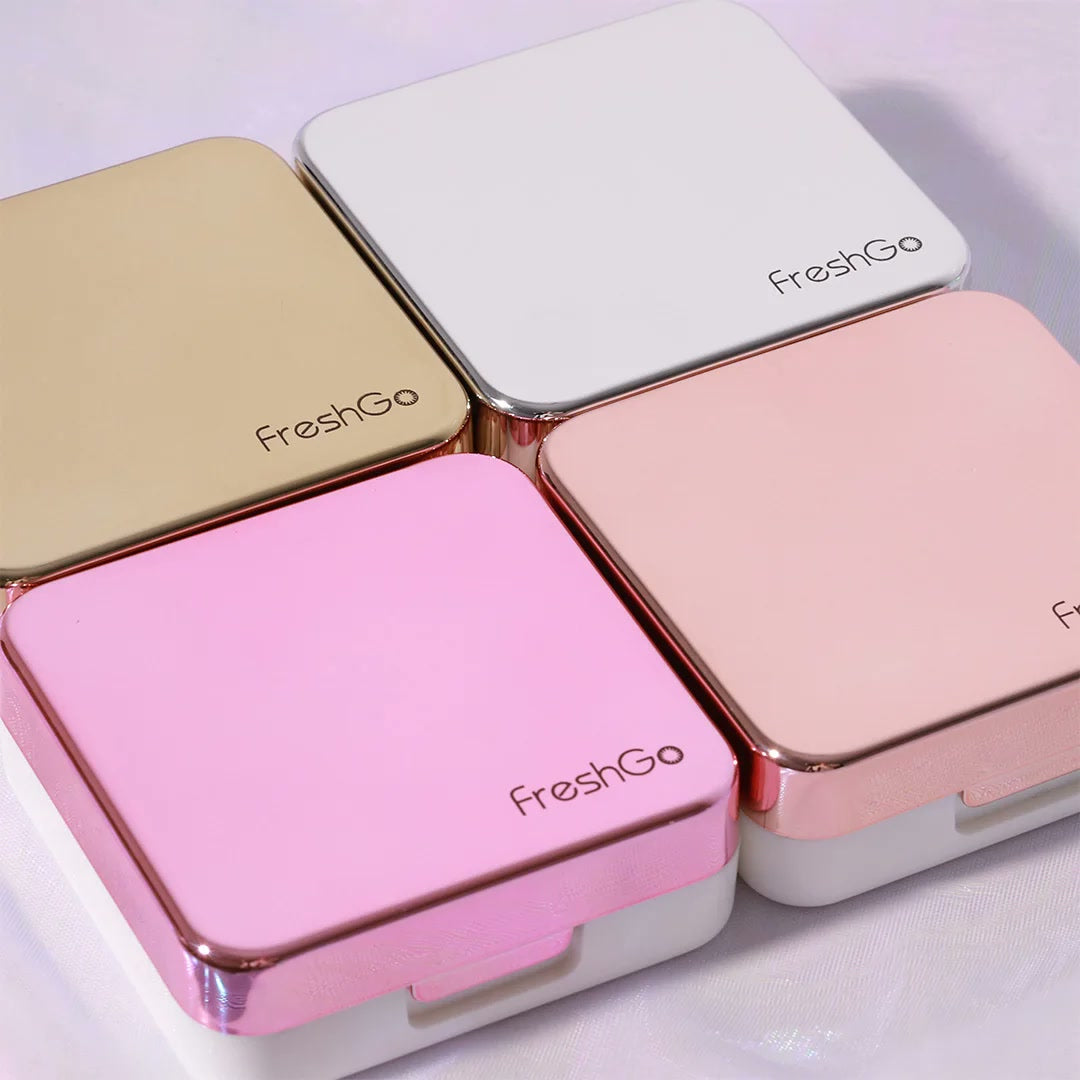 FreshGo square lens cases in gold, silver, pink and rose gold