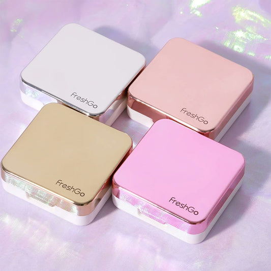 FreshGo square contact lens case kits in silver, rose gold, gold and pink