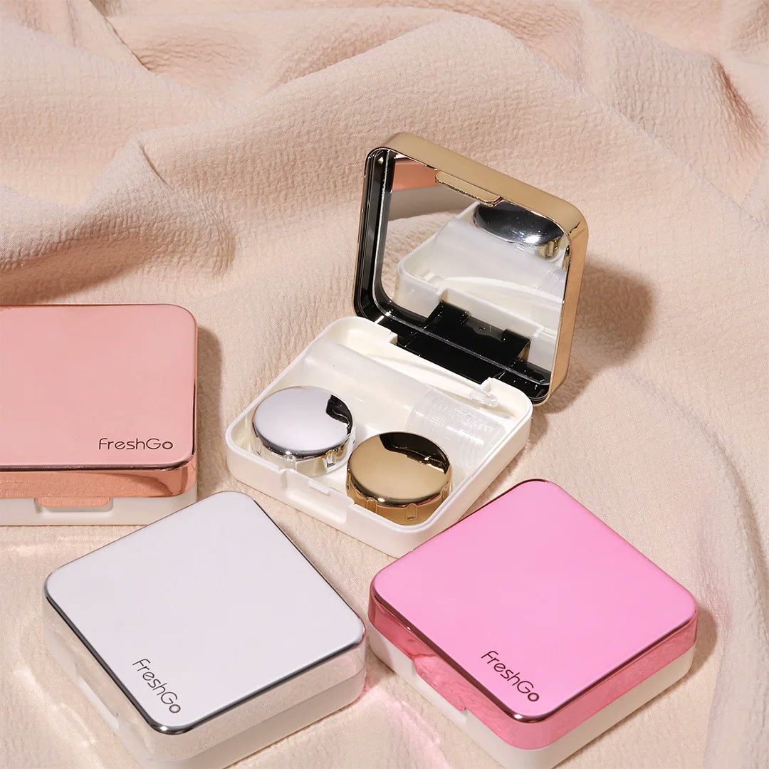 FreshGo square lens case kit open, showing the mirror and lens case