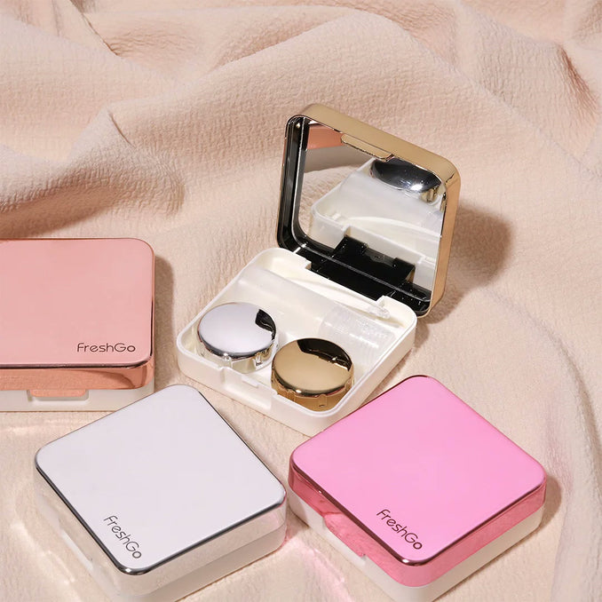 FreshGo square lens case kit open, showing the mirror and lens case
