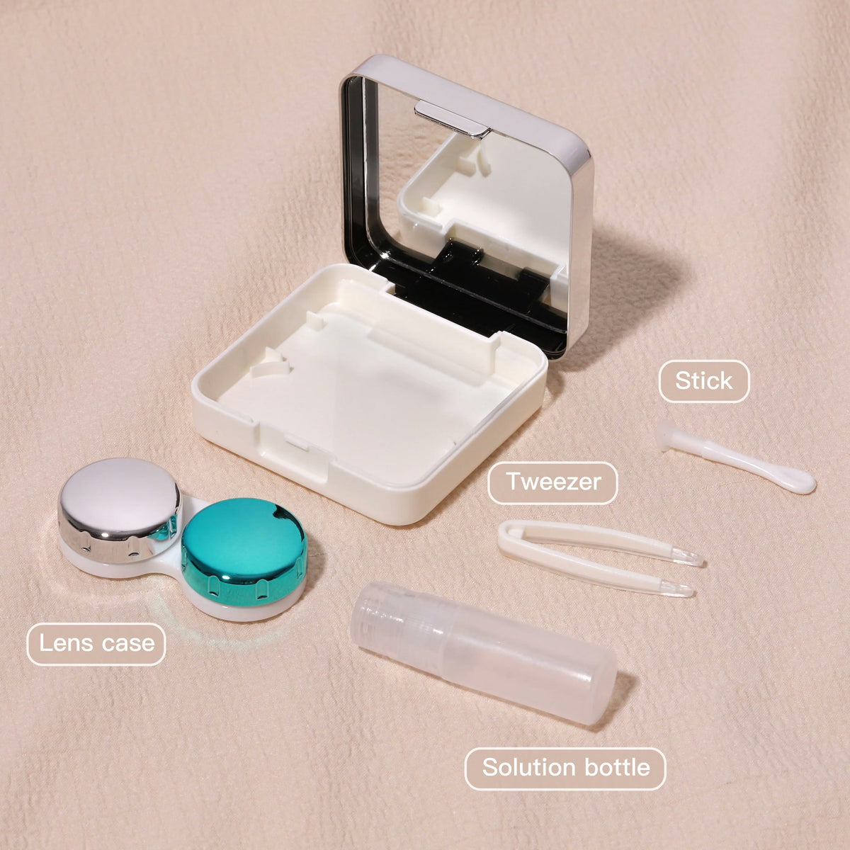 What is in the FreshGo kit: mirror case, lens case, tweezers, applicator stick and solution bottle